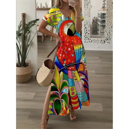 Women's Maxi Dress Casual Dress Sundress Shift Dress Streetwear Hawaiian Maxi Drop Shoulder Vacation Street Holiday Loose Fit Floral Animal Short Sleeve V Neck Pink Red Summer